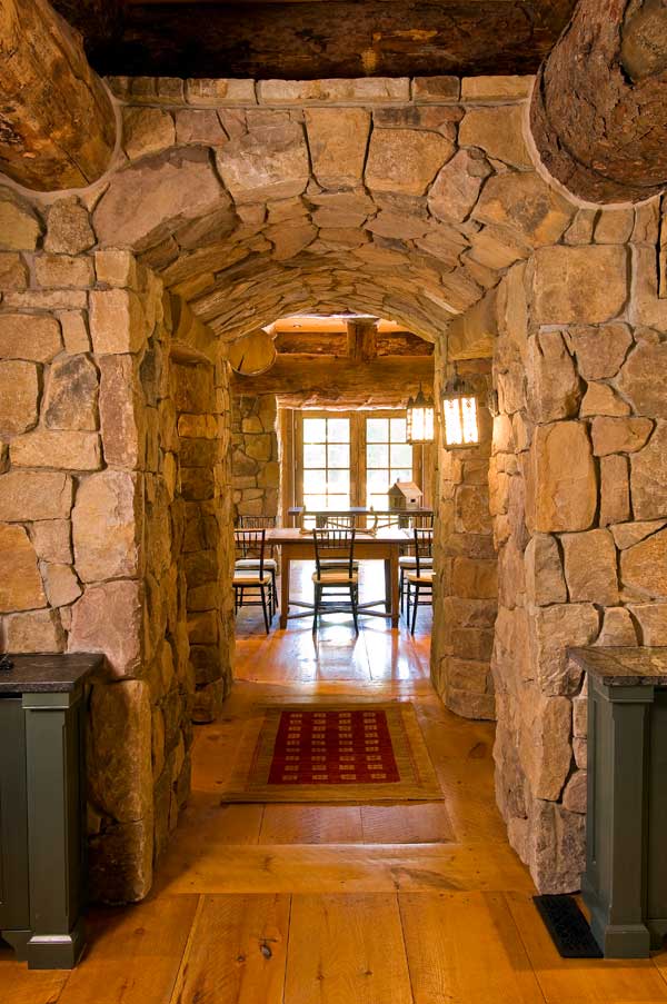 log cabin interior rustic stone beautyharmonylife source homes hallway arch retreat walls hallways castle dining going