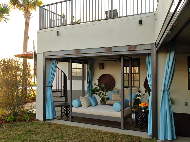 curtains outdoor patio curtain porch deck wonderful room idea beautiful blue space living outside drapes balcony screen hgtv rooms 2009